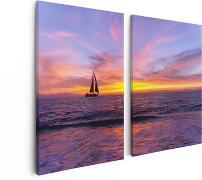 Artaza Canvas Schilderij Tweeluik Zeilboot Silhouet bij Zonsondergang - 80x60 - Foto Op Canvas - Canvas Print