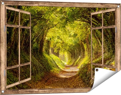 Gards Tuinposter Doorkijk Pad in het Bos met veel Bladeren - 90x60 cm - Tuindoek - Tuindecoratie - Wanddecoratie buiten - Tuinschilderij
