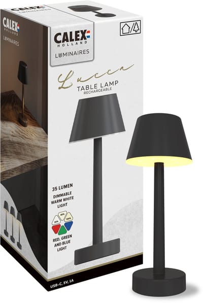 Calex Oplaadbare Tafellamp Lucca - Draadloos - Dimbaar - Warm Wit Licht & RGB - Waterdicht - Decoratie voor Tuin, Woonkamer, Slaapkamer - Sfeerverlichting – Zwart