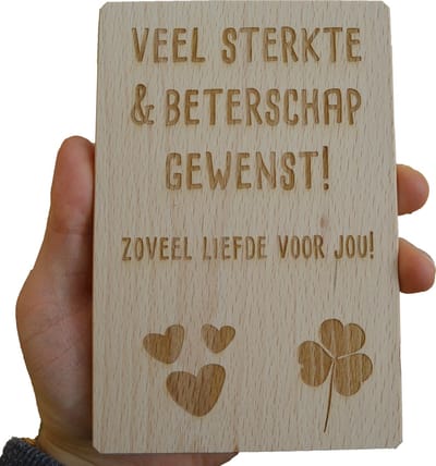 Tekstbord Beukenhout Veel sterkte & Beterschap gewenst! - Geluksbrenger - Beterschap cadeau- Geluk - Duurzaam - Gegraveerd