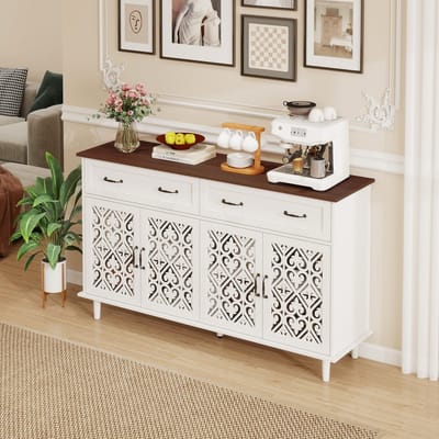 DESMIU Dressoir Met 4 Deuren En 2 Laden - Vintage Kast Met Gesneden Fronten En Verstelbare Planken - Voor Woonkamer En Eetkamer - Spaanplaat - Wit