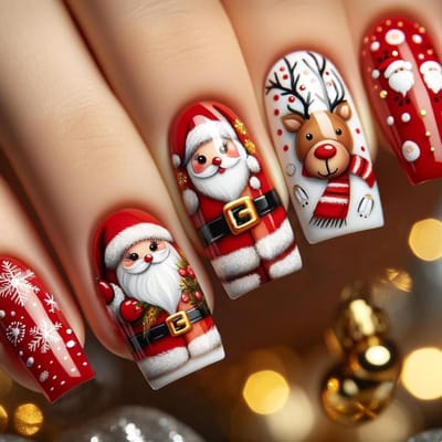 24 Stuks Kerst Nepnagels Medium Vierkant, Rode Plaknagels met Schattige Kerstman en Rendier Ontwerp, Herbruikbare Acryl Nagels voor Vrouwen, Perfect voor Feestdagen en Nail Art