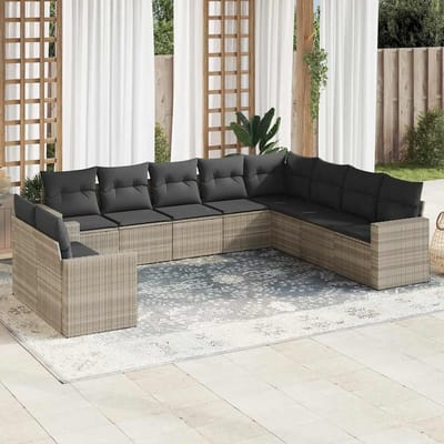 vidaXL - 10-delige - Loungeset - met - kussens - poly - rattan - lichtgrijs
