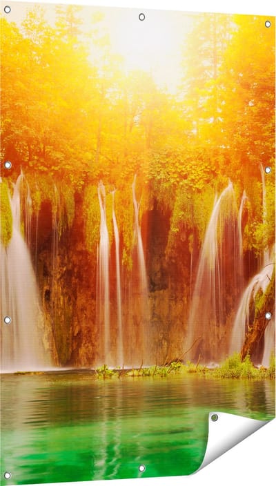 Gards Tuinposter Watervallen bij het Groene Meer met Zon - 80x120 cm - Tuindoek - Tuindecoratie - Wanddecoratie buiten - Tuinschilderij