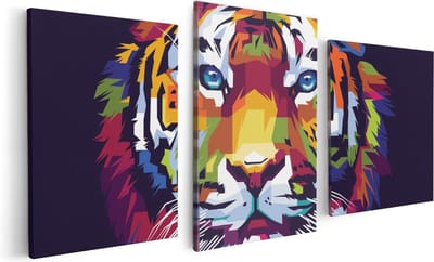 Artaza Canvas Schilderij Drieluik Kleurrijke Tijger - Abstract - 120x60 - Foto Op Canvas - Canvas Print