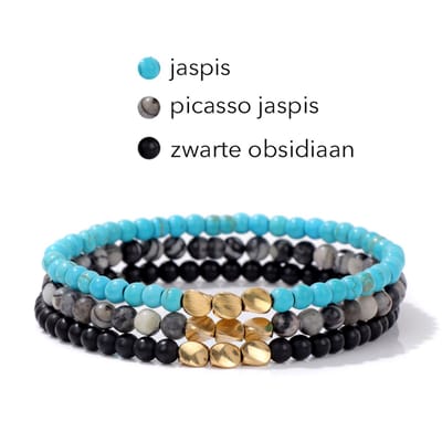 Marama - armbanden set Tibet turquoise - elastisch - edelstenen - jaspis - obsidiaan - damesarmband - set van 3