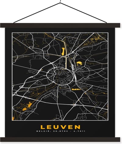 Posterhanger incl. Poster 60x60 cm - Schoolplaat - Stadskaart - Leuven - Kaart - Goud - Plattegrond - Textielposter - Zwarte latten - Stadskaart