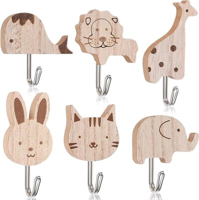 Schattige Houten Dieren Wandhaken voor Kinderen - 6 Stuks, Perfect voor Kleding, Handdoeken en Decoratie in de Kinderkamer, Badkamer en Keuken