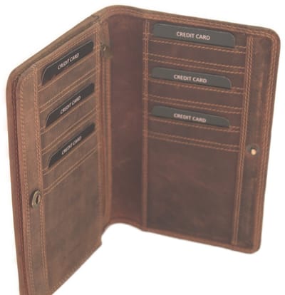 Oi Hunter bruine leren platte portemonnee / portefeuille zonder zichtvakken met ruimte voor paspoort of autopapieren / dunne afsluitbare beurs of portefeuille voor veel pasjes / beveiligd tegen skimmen / bruin leer / 424H
