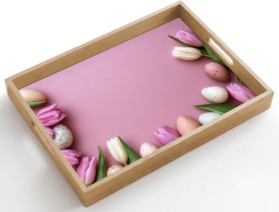 Dienblad hout 50x35 cm - Schootdienblad - Tulpen - Eieren - Roze - Borrelplank rechthoek - Plateau dienbladen