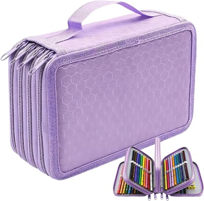 SnelShoppen - Draagbaar Etui Groot met 72 Sleuven, Waterdichte Etui met 4 Vakken, Ritssluiting en Draaggreep, Lila Kleur, Perfect voor Kleurpotloden,
