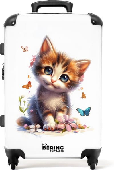 NoBoringSuitcases.com® - Kinderkoffer groot - Kindertrolley koffer - Portret van een kitten omringd door vlinders - Rolkoffer lichtgewicht - Reiskoffer met 4 wielen - Grote trolley XL - 20 kg bagage