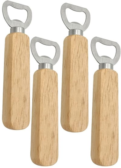 Allecto - Houten flessenopeners - Bieropeners voor keuken en bar - Houtkleur - Roestvrijstalen opening - Ideaal voor camping - Set van 4