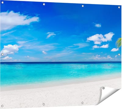 Gards Tuinposter Tropisch Strand met een Palmboom - 120x90 cm - Tuindoek - Tuindecoratie - Wanddecoratie buiten - Tuinschilderij