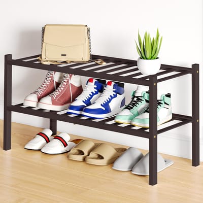 Homaxy - Schoenenrek (2 niveaus) - Bamboe Schoenenrek - Houten Schoenenkast -Schoenenrek hout - 68x28x33cm - Bruin
