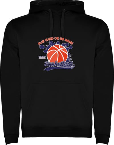 Zwarte unisex hoodie met “ Kleurrijke Basketball - Play Hard or go Home – Sport “ Print Full Color Color merk Roly maat S