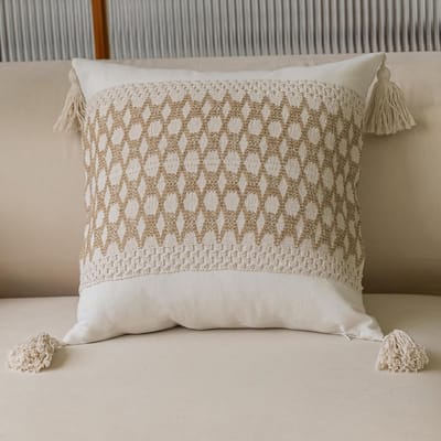 Kussenhoes - Sierkussenhoes - Met kwastjes - Zacht en comfortabel - Landelijke stijl - Neutraal ruitpatroon - Geschikt voor banken en auto's - 60 x 60 cm - Beige