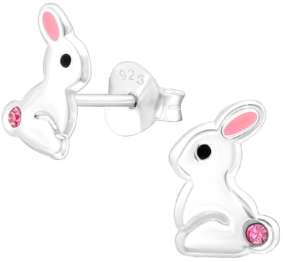 Joy|S - Zilveren konijn oorbellen - 6 x 8 mm - zilver met roze oortjes en roze kristalletje - kinderoorbellen