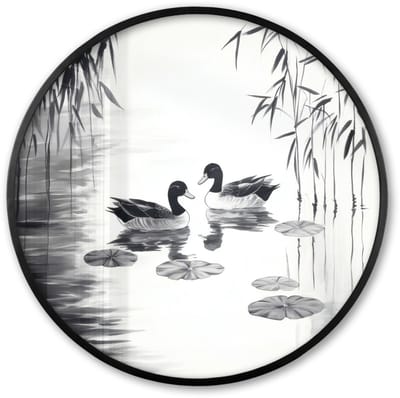 Poster in lijst Rond - Fotolijst 60x60 cm - Posters - Eenden - Waterlelies - Riet - Zwart - Ronde posterlijst zwart - Decoratie - Wanddecoratie woonkamer - Muurdecoratie slaapkamer