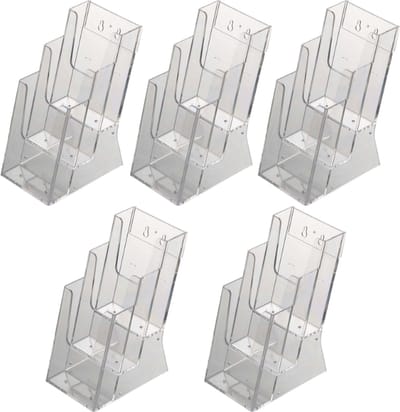 5  Pack | Folderbakje | Folderhouder | Folderdisplay | 3-vaks Tafelmodel | Helder acryl 3mm | Din Lang (9,9 x 21cm)
