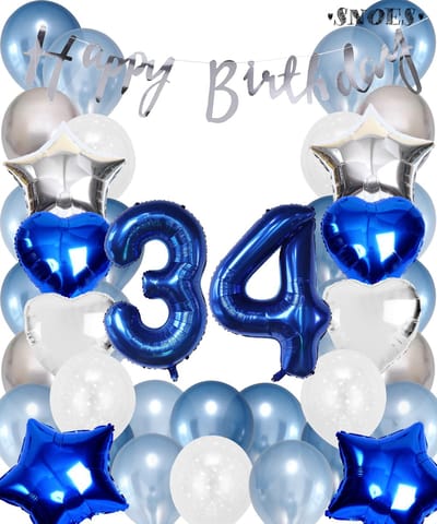 Snoes Ballonnen 34 Jaar Set Mega Blauw Zilver Ballon - Compleet Feestpakket Cijferballon 34 Jaar - Verjaardag Versiering Slinger Happy Birthday – Folieballon – Latex Ballonnen - Helium Ballonnen