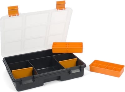 Organizer Opbergdoos – Kunststof Gereedschapsbox Met Transparante Deksel – Schokbestendig Met Dubbele Sluiting – 3 Grote En 6 Kleine Vaste Vakken + 2 Uitneembare Bakjes – 285 × 235 × 65 mm – Ideaal Voor Schroeven En Onderdelen [10962]