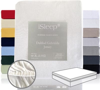 iSleep Dubbel Gebreide Jersey Topper Hoeslaken - Rondom Elastiek - Eenpersoons - 90x200/210/220 cm - Wit