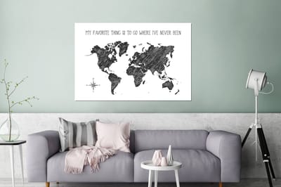 Aluminium schilderij 120x80 cm - Wanddecoratie metaal - Wereldkaart - Zwart - Wit - Quote - Metalen muurdecoratie woonkamer - Decoratie industrieel - Foto op dibond - Industriële accessoires slaapkamer