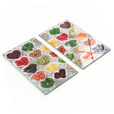 Glazen serveerplanken voor in de keuken met afbeeldingen van gezonde voeding, 2x30x52 cm