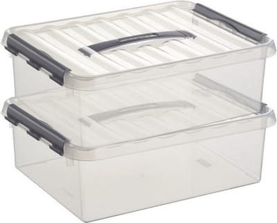 Sunware q-line opberg box/opbergdoos - 2x - 10 liter - 40 x 30 x 11 cm - kunststof - opslagbox - transparant/zilver