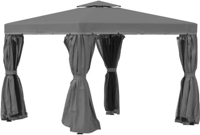 Luxe Tuinpaviljoen met Dubbel Dak & Muggennetten - Paviljoen - 3 x 3 m - 4 Klamboe Zijpanelen - Partytent - Pergola - Gazebo - Feesttent - Tuintent - Weerbestendig - Stevig - voor Tuin, Camping & Feest - Donkergrijs
