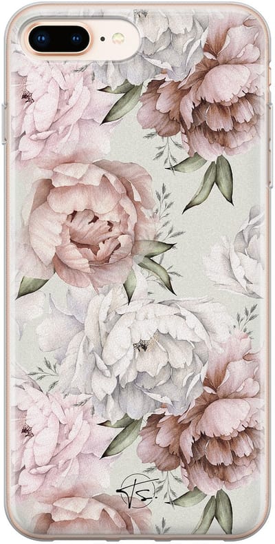 Hoesje geschikt voor iPhone 8 Plus - Klassieke bloemen - Soft Case - TPU - Bloemen - Beige - Mooie Telefoonhoesjes