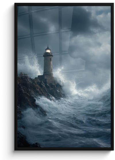 Poster in lijst - Fotolijst 80x120 cm - Posters - Rotsen - Vuurtoren - Golven - Klliffen - Posterlijst zwart - Decoratie - Wanddecoratie woonkamer - Muurdecoratie slaapkamer