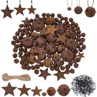 Dailygoods- Kerstbel Set 140 Stuks - Roestige Klokken - Sterren - Veiligheidsspelden - Jute Koord 20m - Decoratieve Vakantiedecoratie - Kerstdecoratie