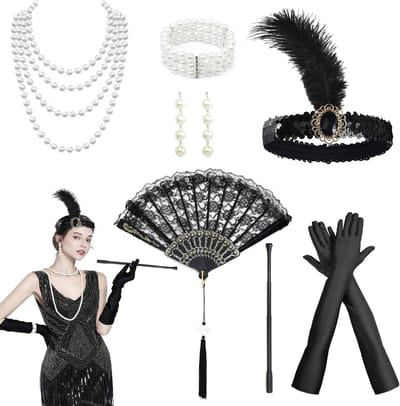 Elegante jaren '20 kostuumset voor vrouwen met accessoires zoals armband, oorbellen, parelketting en handschoenen, perfect voor themafeesten en carnaval