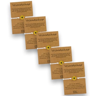Vriendschapsarmbandjes voor 5 "Vriendschap" - Zonnebloem - BFF Armbandjes met Persoonlijk Cadeau Kaartje - Wit met Bloem Hanger - Op Vijf Kaartjes- Pax Amare
