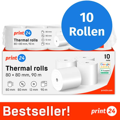 NIEUW: print24 Thermorollen / kassarollen, 10 rollen, 80mm x 80mm x 12mm, 90m, testwinnaar, PEFC-gecertificeerd, BPA-vrij, voor EPSON, IBM e.d.