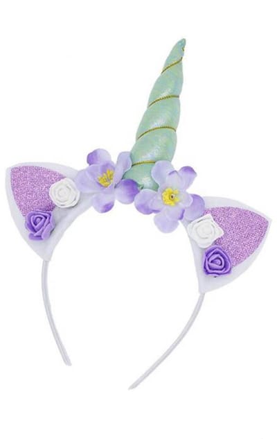KIMU® Eenhoorn Haarband Mintgroen - Unicorn Diadeem Met Oortjes En Bloemetjes - Mintgroene Hoorn Bloemen Paars Wit Festival