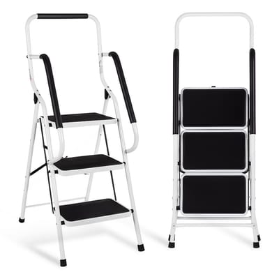 PolderGoods - Extra Veilige Huishoudtrap van Staal - 3 treden - keukentrapje 3 treden met Leuning - Vouwladder | Max 150Kg | Wit