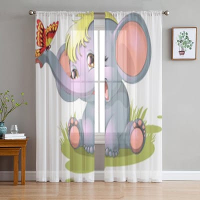 Schattige Olifant En Vlinder Transparante Gordijnen Voor Slaapkamer Woonkamer Tule Gordijnen Voor Keuken Raam Voile Gordijnen 135W x 114H(cm) white