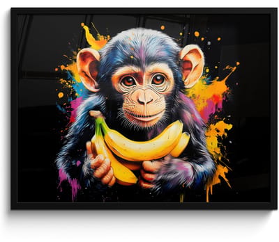 Poster in lijst - Fotolijst 70x50 cm - Posters - Aap - Graffiti - Kleurrijk - Bananen - Modern - Posterlijst zwart - Decoratie - Wanddecoratie woonkamer - Muurdecoratie slaapkamer