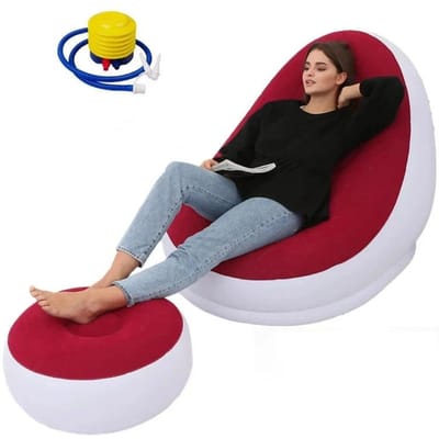 1 stuks Bruine Opblaasbare Luie Sofa met Voetenbank PVC Flockoppervlak Sofa Stoel Opvouwbare Loungestoel Bureaustoel rood