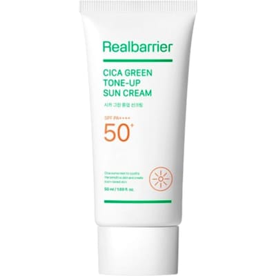 Real Barrier Cica Green Tone Up Zonnecrème 50 ml (Pak van 2) - Zonnebrandcrème met SPF50+ PA++++ die roodheid corrigeert en kalmeert.
