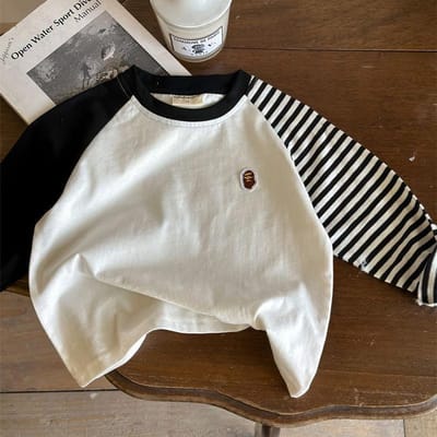 Puur Katoen Kinderen Gestreept T-shirt Lange Mouwen Basis Shirt Lente Kleurblokken Koreaanse Stijl Baby Top voor Jongens en Meisjes 80cm black