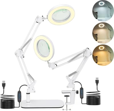 2-in-1 vergrootglas met licht en standaard, 15 x 10 x led-vergrootlamp met klem en basis, bureaulamp met 3 kleurmodi, dimbaar, vergrootlamp voor hobby, knutselen, werkplek, led-leeslamp