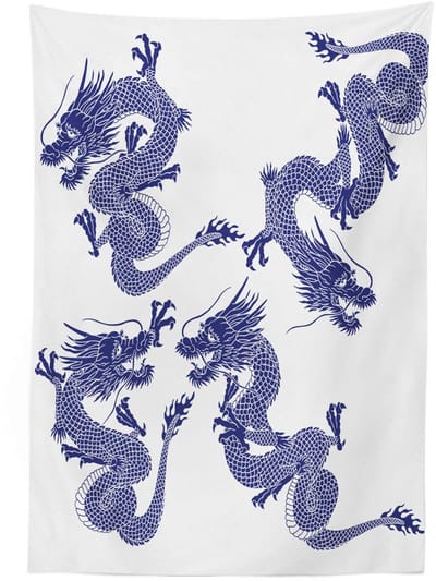 ABAKUHAUS Tafelkleed – Japanse Draken – 140×240 cm – Satijn, Wasbaar, Blauw