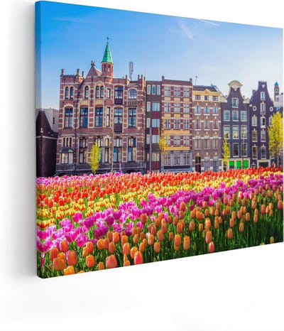 Artaza Canvas Schilderij Amsterdam - 100x80 cm - Groot - Wanddecoratie Tulpen - Muurdecoratie Grachtenpanden - Schilderijen Op Canvas Bloemen