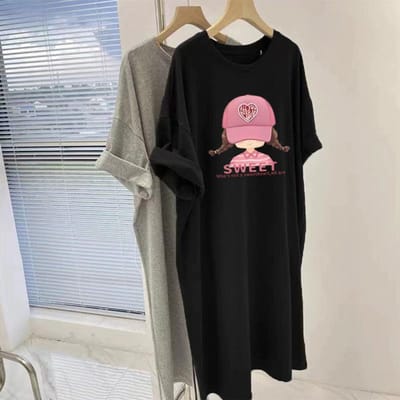 Zomer Losse Koreaanse Versie Puur Katoen T-shirt Dames Grote Maat Lange Casual Rok Retro Top M gray