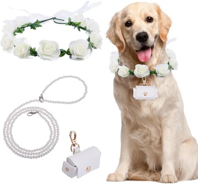 Dailygoods - 3-delige Hondenhalsband Bruiloft Set met Bloemen en Parels