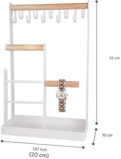 GELLDG Sieradenhouder - sieradenhouder voor dames - Sieradenrekje met Oorbellenrekje en Armband Houder - Metaal & Hout - Met Tray & Anti-slip Pootjes - Geschikt voor sieraden opbergruimte en sieradenpresentatie - Wit